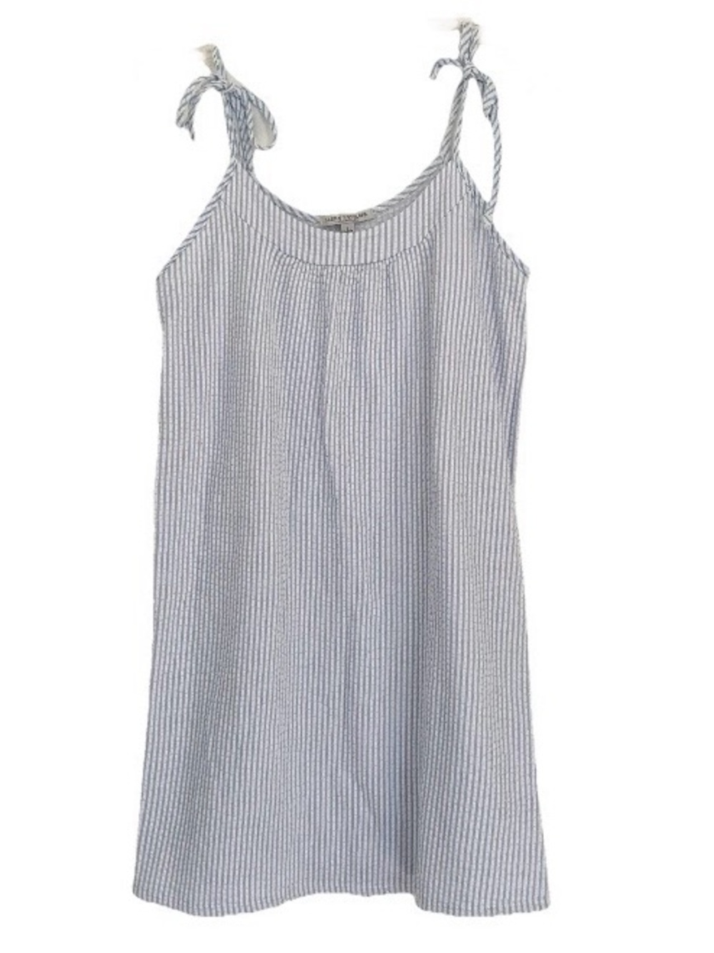 Seersucker Dress Blue & White Mini Striped Green Envelope LA Tie Strap Sz Large